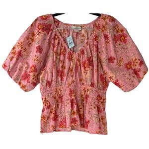 Loft Pink Red Floral Scoop Neck Puff Sleeve Smocked Peplum Top SP NWT